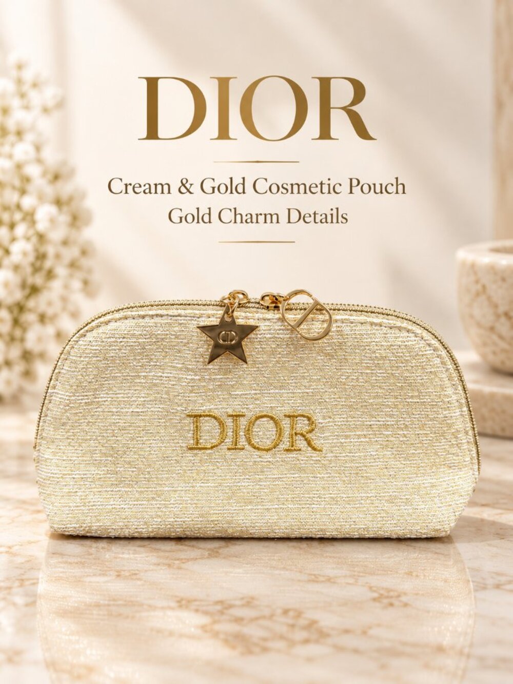 Dior Cream Gold Woven Cosmetic Pouch With Star Charm